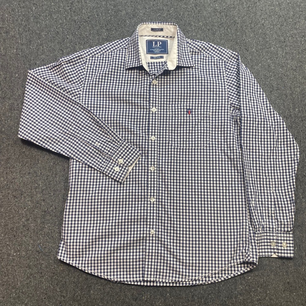 Louis Philippe Button Down Shirt Sz 40 Mens Navy Gingham Tailored Fit LongSleeve